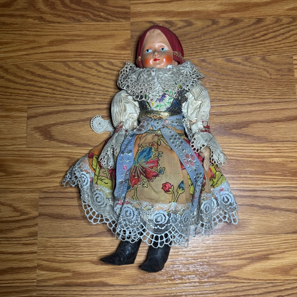 VTG European Doll Floral Lace Folk Outfit Traditional Ethnic Collectible